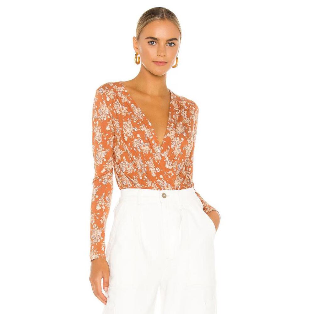 Intimately Free People Bodysuit XS Printed Turnt Floral Burnt Orange Wrap Top
